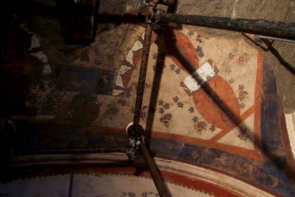 Villa dei Papiri, Herculaneum. July 2010. Room (I) on lower terrace. Vault decoration of the antechamber dated to a transition phase between third and fourth style.
Photo courtesy of Michael Binns.
See Esposito D. and Guidobaldi M., 2010. New Archaeological Research at the Villa of the Papyri, in the Villa of the Papyri at Herculaneum. Berlin: De Gruyter, pp. 33ff, fig. 25 pl. 27.